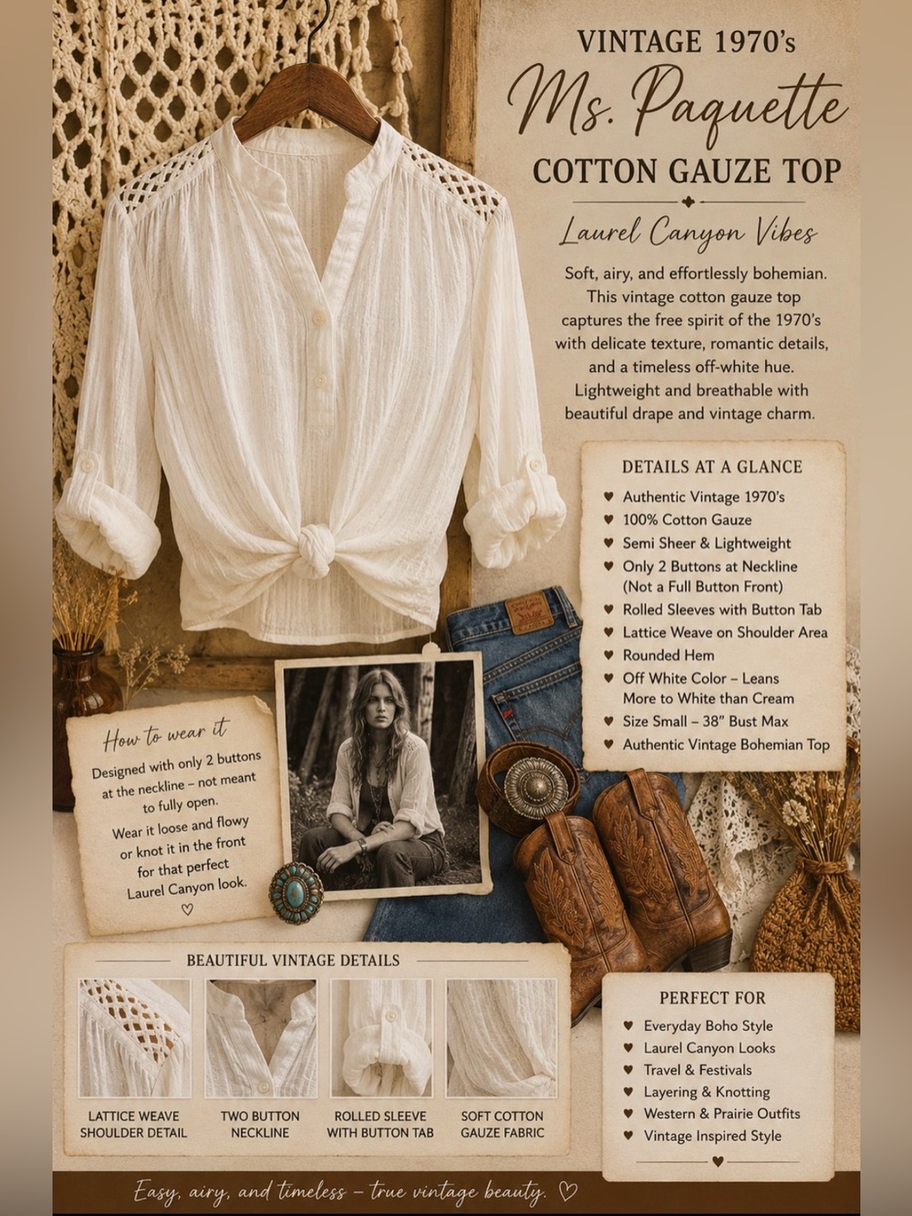 Vintage 1970’s- Ms. Paquette- gauze cotton top- rolled sleeves- lattice weave